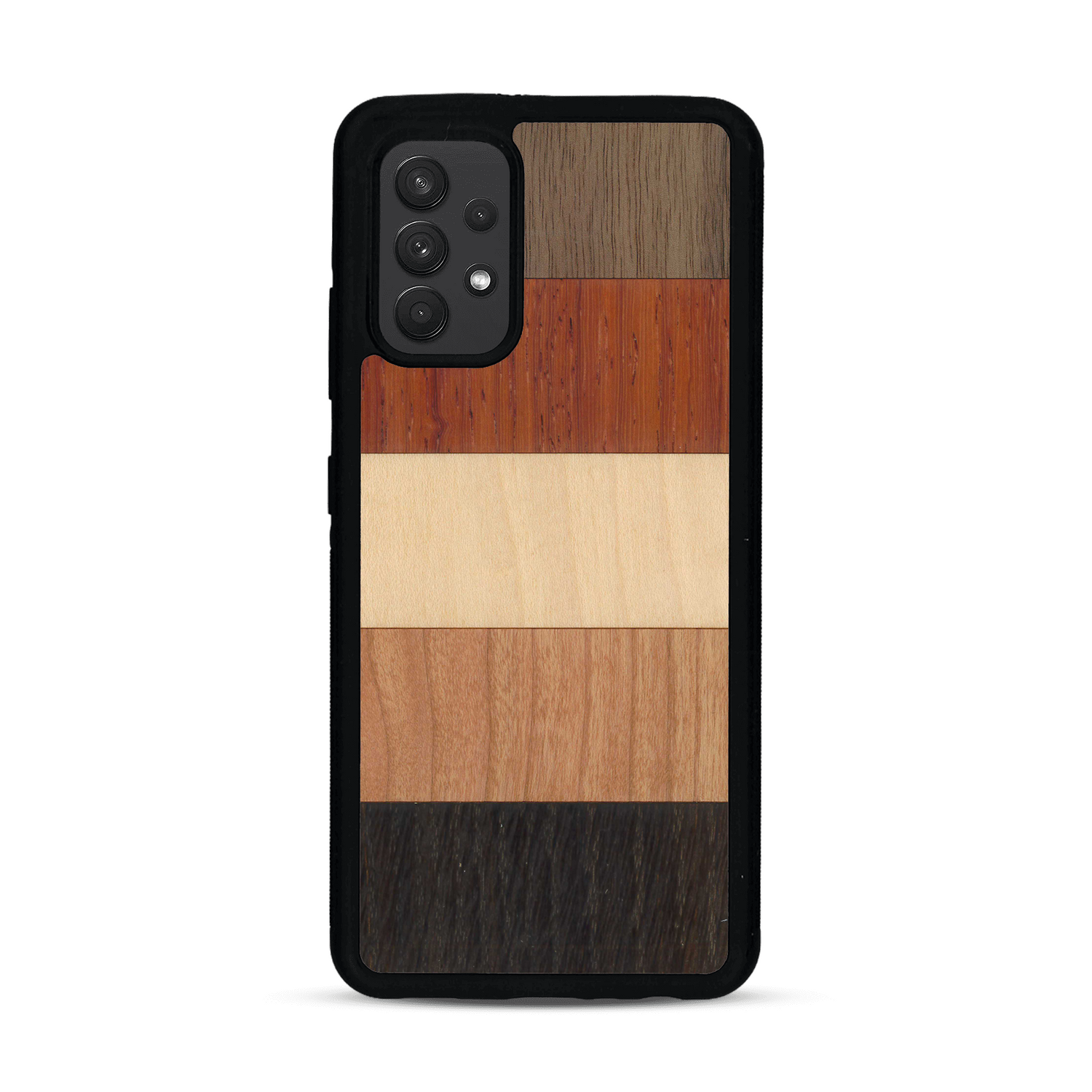 Coque de protection en bois véritable fabriquée en France pour  alliant des bandes horizontales de bambou, merisier, padouk, noyer et chêne fumé