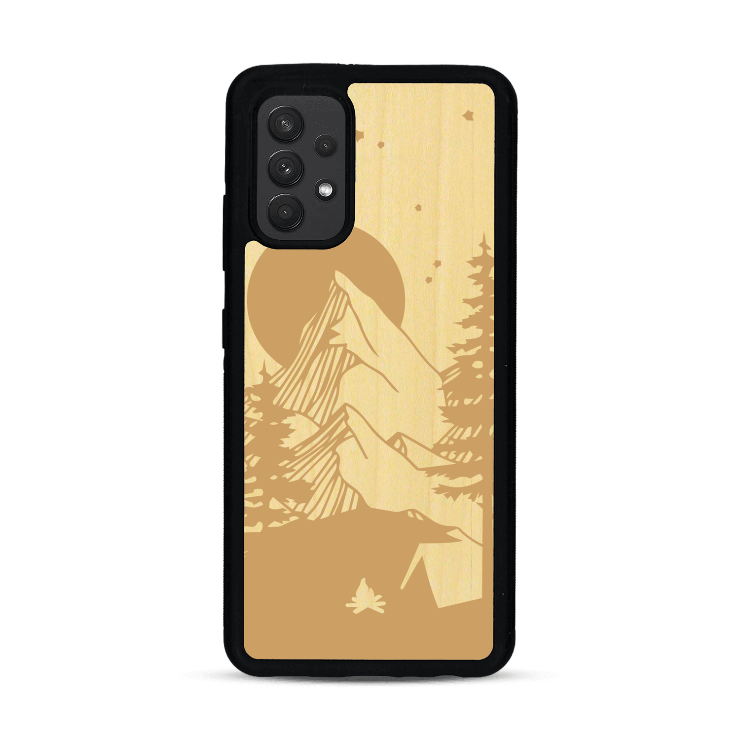 Coque de protection en bois véritable fabriquée en France pour  sur le thème du camping en pleine nature représentant une tente avec un feu de camp entouré de montagnes