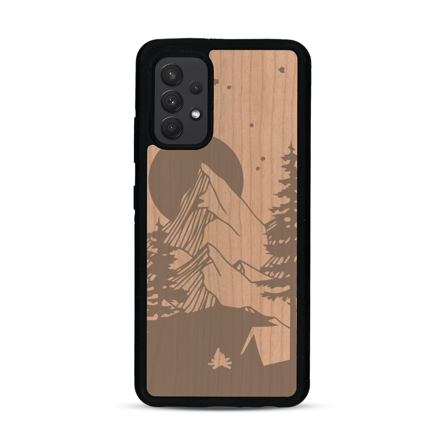 Coque de protection en bois véritable fabriquée en France pour  sur le thème du camping en pleine nature représentant une tente avec un feu de camp entouré de montagnes