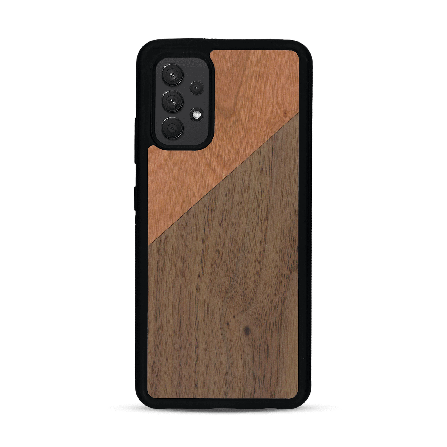 Coque de protection en bois véritable fabriquée en France pour  alliant du merisier et du noyer formant chacun un triangle avec une jointure en diagonale sur le thème de l'art abstrait