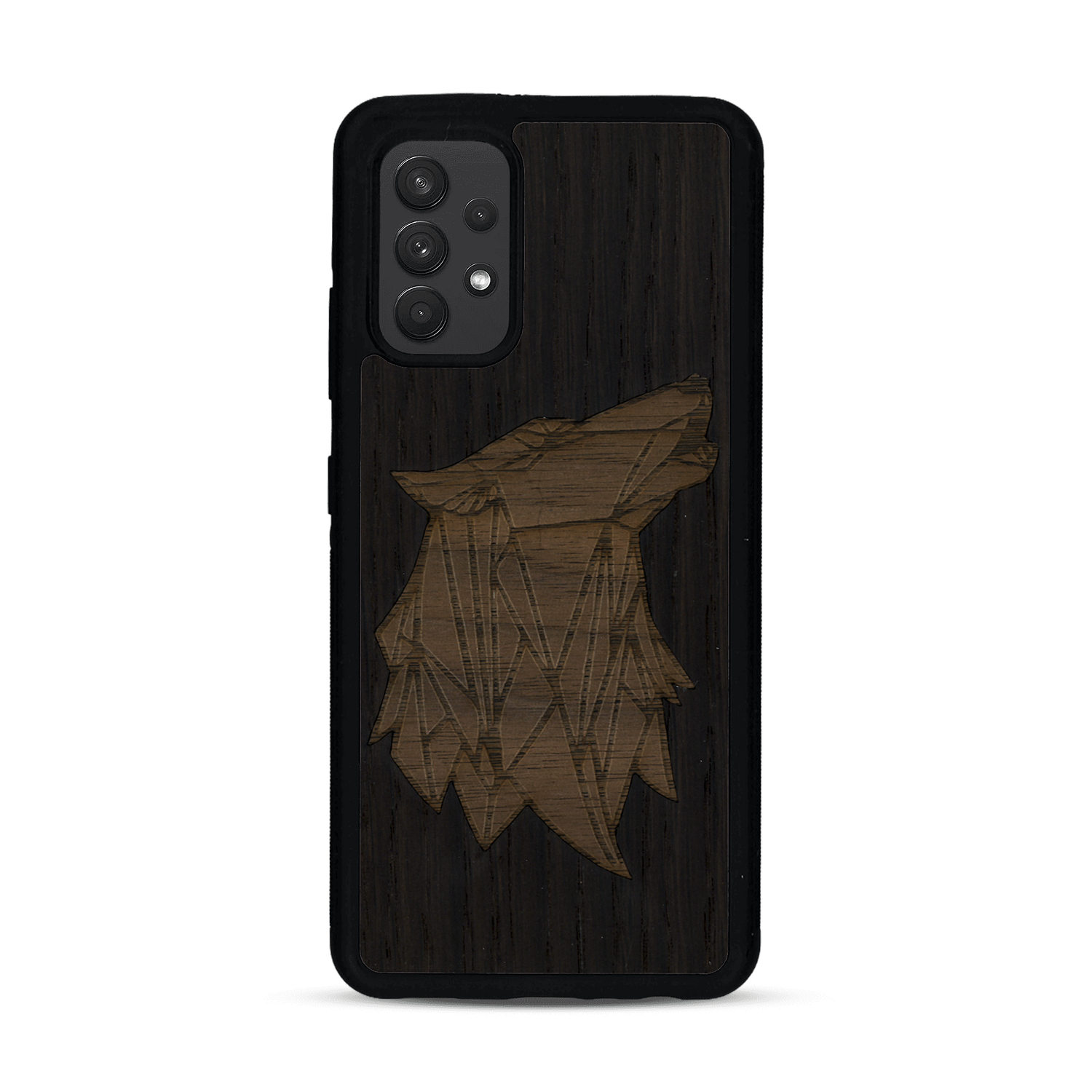 Coque de protection en bois véritable fabriquée en France pour  alliant du chêne fumé et du noyer représentant une tête de loup géométrique de profil sur le thème des animaux et de la nature