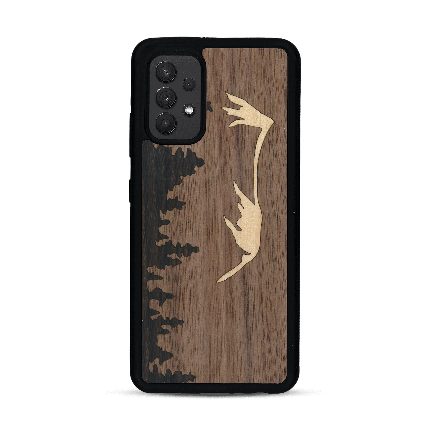 Coque de protection en bois véritable fabriquée en France pour  sur le thème de la nature et de la montagne qui allie du chêne fumé, du noyer et du bambou représentant le mont mézenc