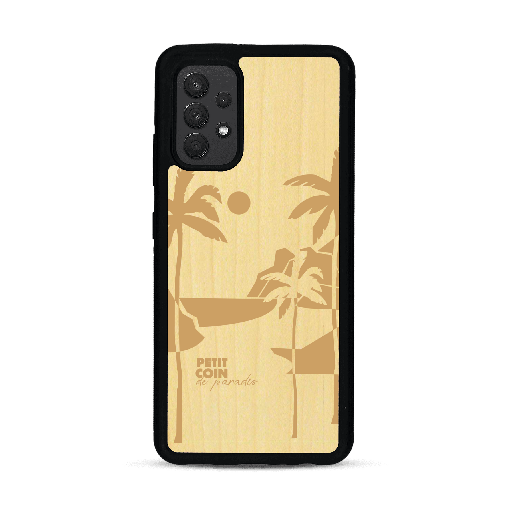 Coque de protection en bois véritable fabriquée en France pour  sur le thème des voyages en vans, vanlife et chill avec une gravure représentant un van vw combi devant le soleil couchant sur une plage avec des vagues