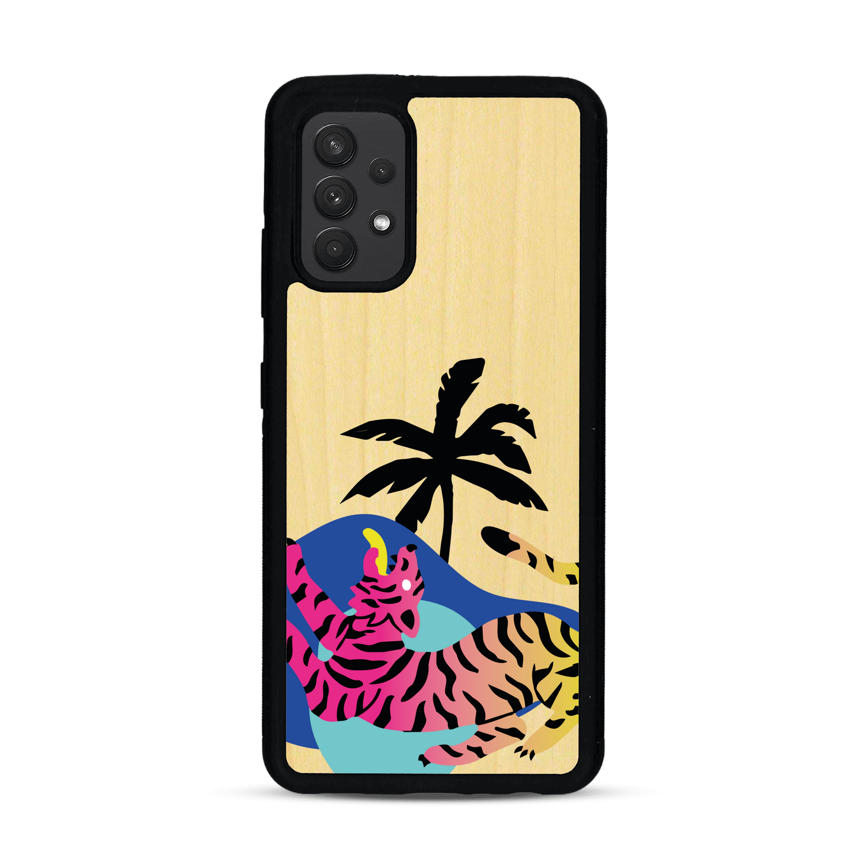 Coque de protection en bois véritable fabriquée en France pour Samsung A32 4G représentant un tigre coloré avec un design moderne et minimaliste sur le thème de la jungle et de la nature