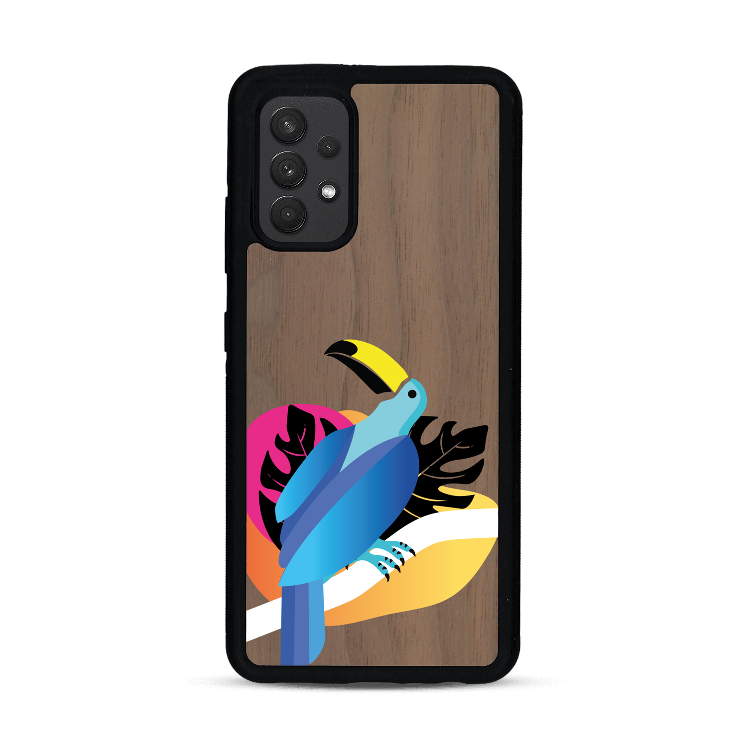Coque de protection en bois véritable fabriquée en France pour Samsung A32 4G représentant un toucan coloré avec un design moderne et minimaliste sur le thème de la jungle et de la nature