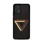 Coque de protection en bois véritable fabriquée en France pour  sur le thème de l'art géométrique qui allie du chêne fumé, du noyer, du bambou et du padouk représentant le triangle de penrose