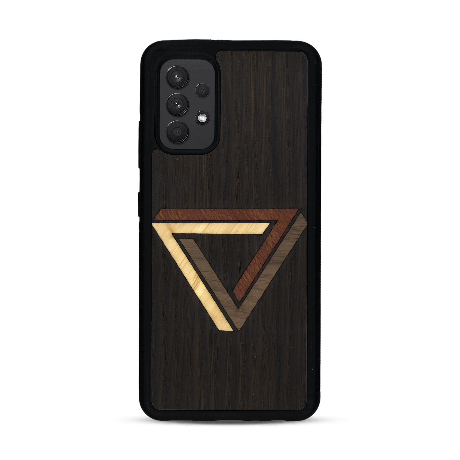 Coque de protection en bois véritable fabriquée en France pour  sur le thème de l'art géométrique qui allie du chêne fumé, du noyer, du bambou et du padouk représentant le triangle de penrose
