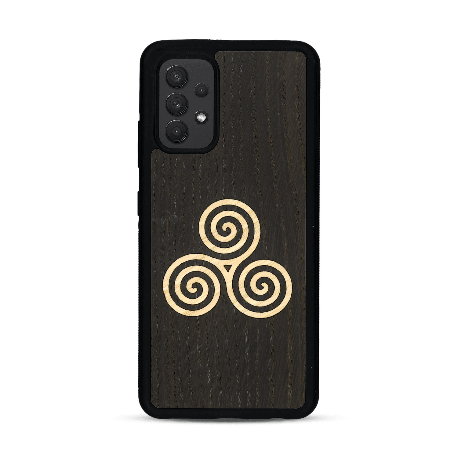 Coque de protection en bois véritable fabriquée en France pour  alliant du chêne fumé et du bambou et doré représentant un triskell