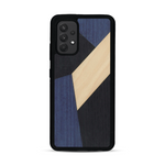 Coque de protection en bois véritable fabriquée en France pour  alliant du bambou, du tulipier bleu et noir en forme de mosaïque minimaliste sur le thème de l'art abstrait