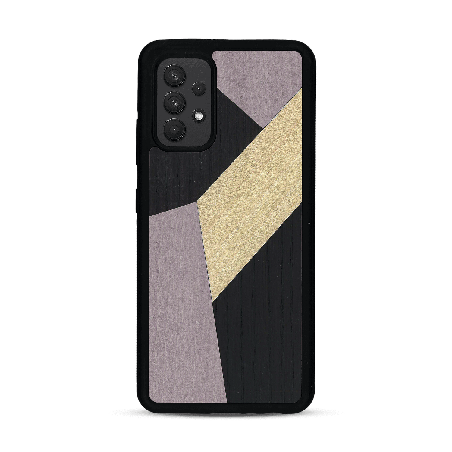 Coque de protection en bois véritable fabriquée en France pour  alliant du bambou, du tulipier mauve et noir en forme de mosaïque minimaliste sur le thème de l'art abstrait
