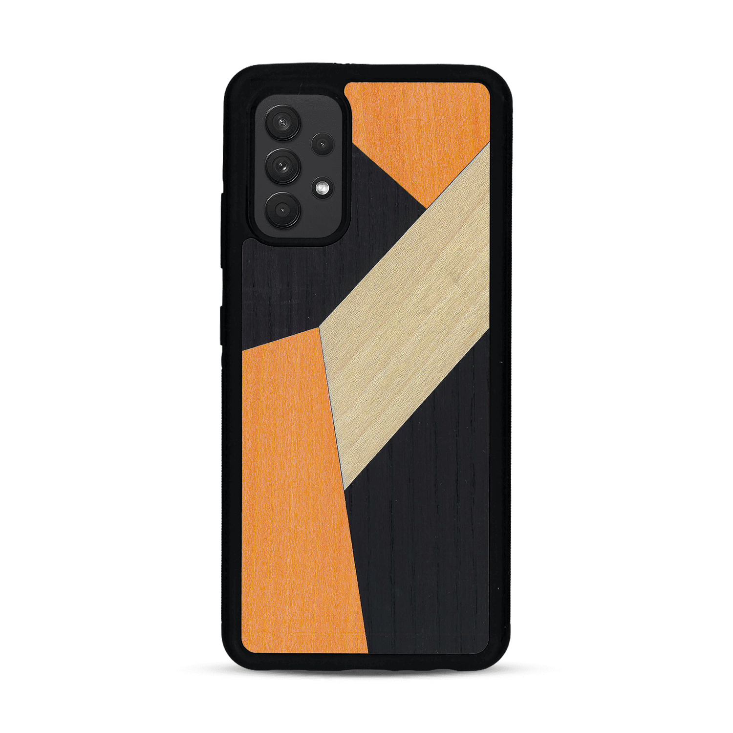 Coque de protection en bois véritable fabriquée en France pour  alliant du bambou, du tulipier orange et noir en forme de mosaïque minimaliste sur le thème de l'art abstrait