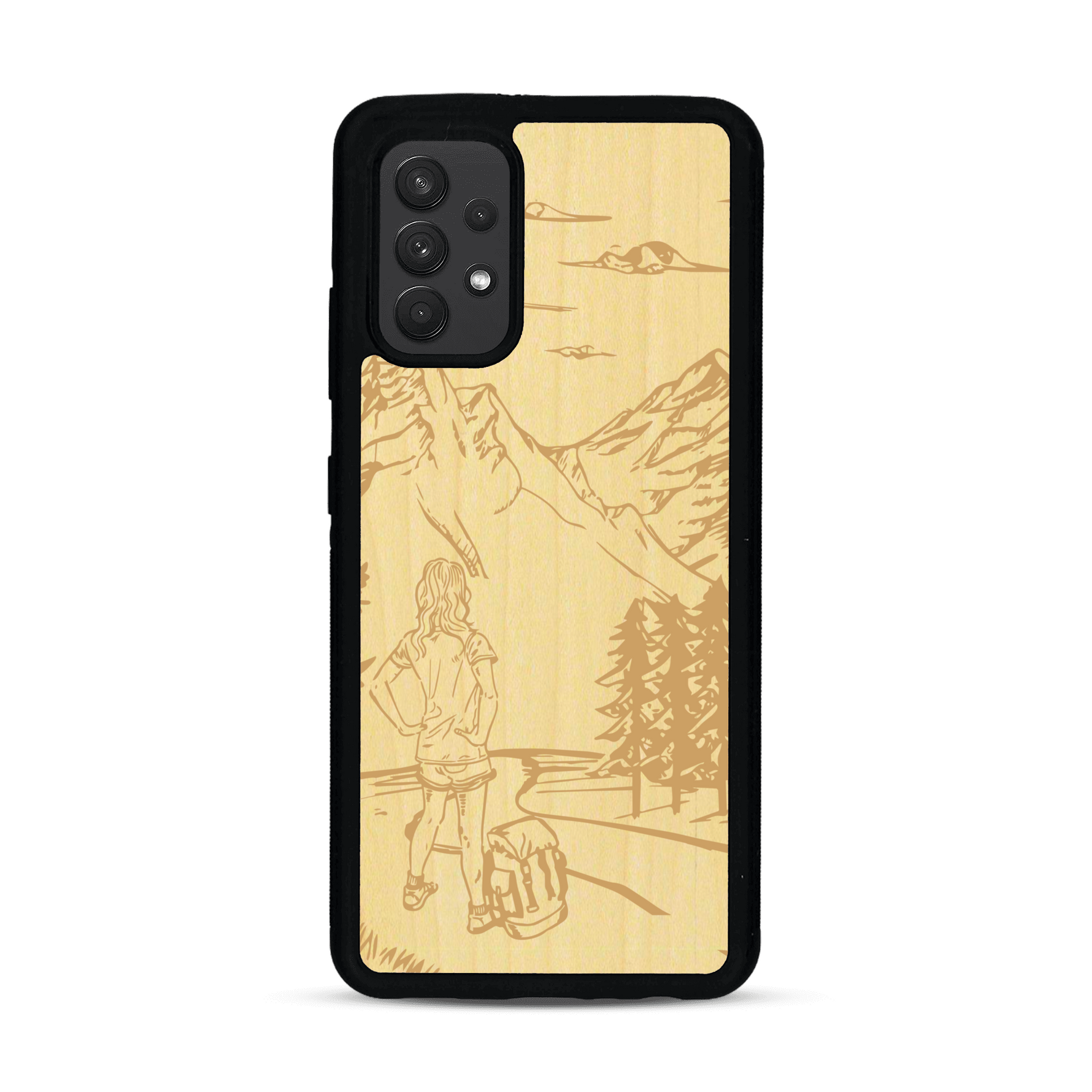Coque de protection en bois véritable fabriquée en France pour  sur le thème de la randonnée en montagne et de l'aventure avec une gravure représentant une femme de dos face à un paysage de nature