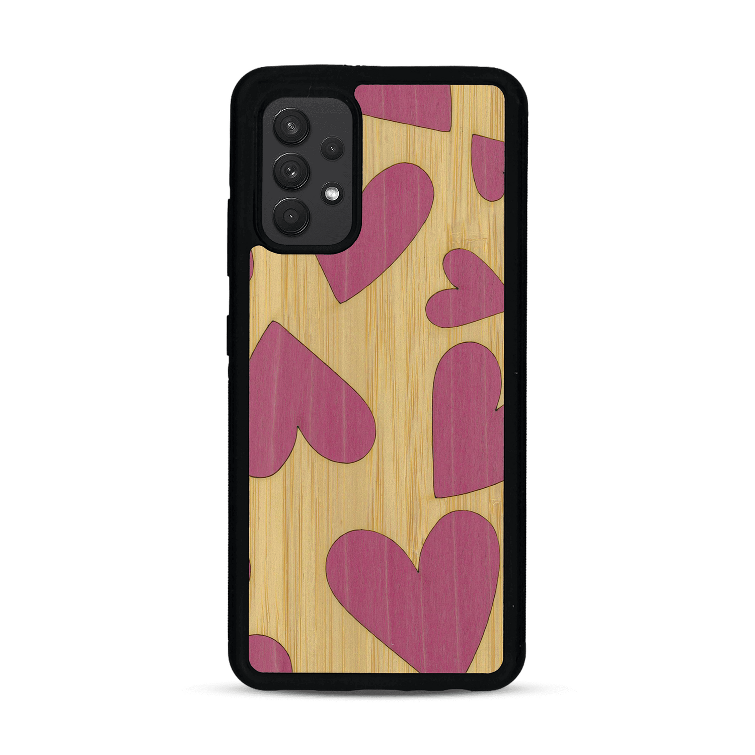 Coque de protection en bois véritable fabriquée en France pour  alliant plusieurs essences de bois pour représenter des coeurs pour les amoureux