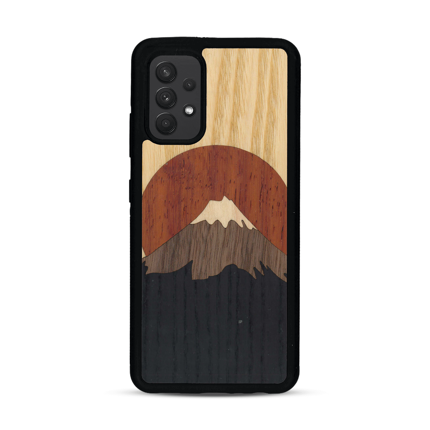 Coque de protection en bois véritable fabriquée en France pour  alliant plusieurs essences de bois pour représenter le mont Fuji