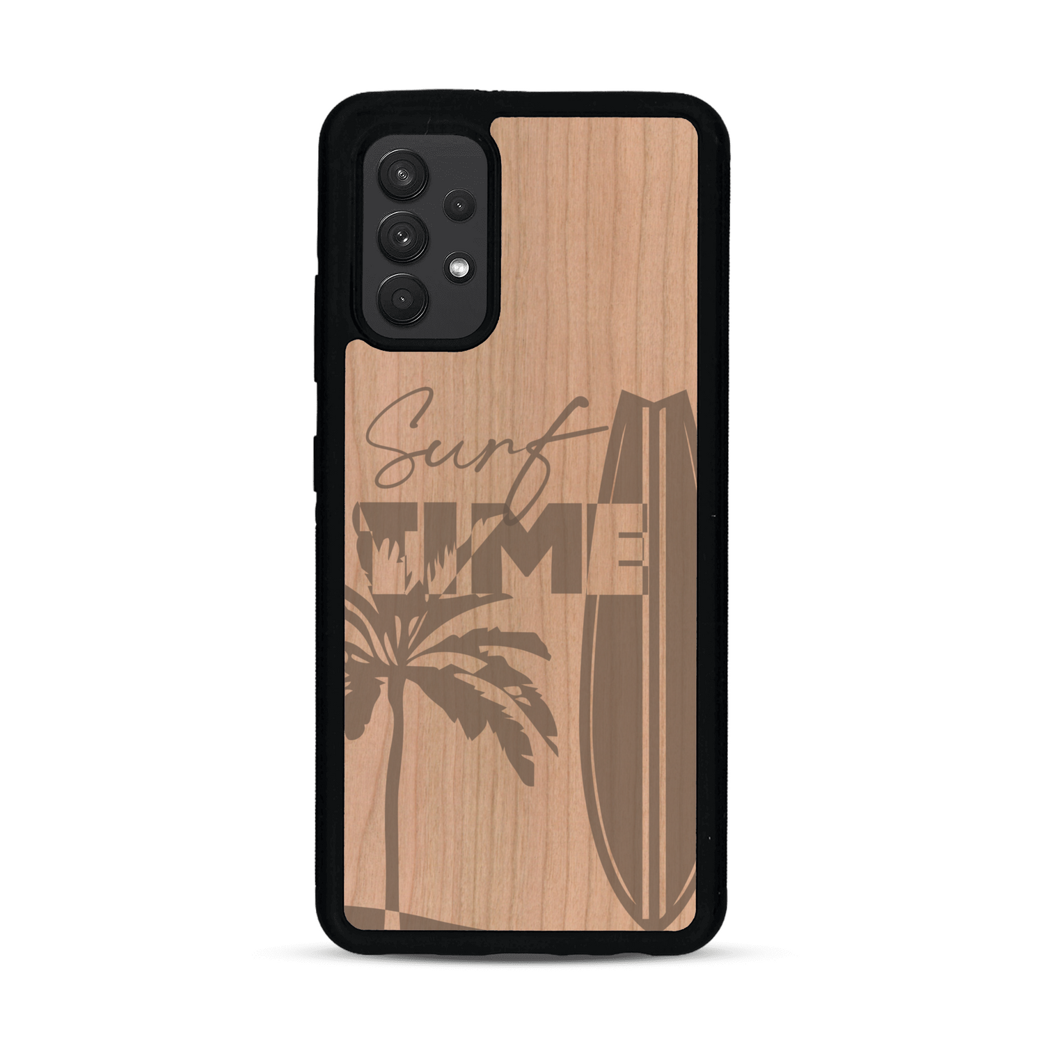 Coque de protection en bois véritable fabriquée en France pour  sur le thème chill avec un motif représentant une silouhette tenant une planche de surf sur une plage entouré de palmiers et les mots "Surf Time Long Beach Miami"