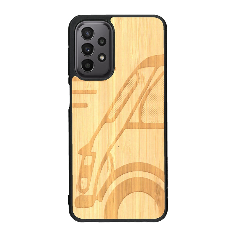 Coque de protection en bois véritable fabriquée en France pour Samsung A33 sur le thème de l'automobile avec une authentique Mini Cooper