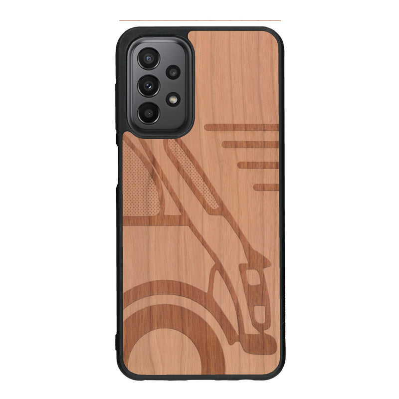 Coque de protection en bois véritable fabriquée en France pour Samsung A33 sur le thème de l'automobile avec une authentique Mini Cooper