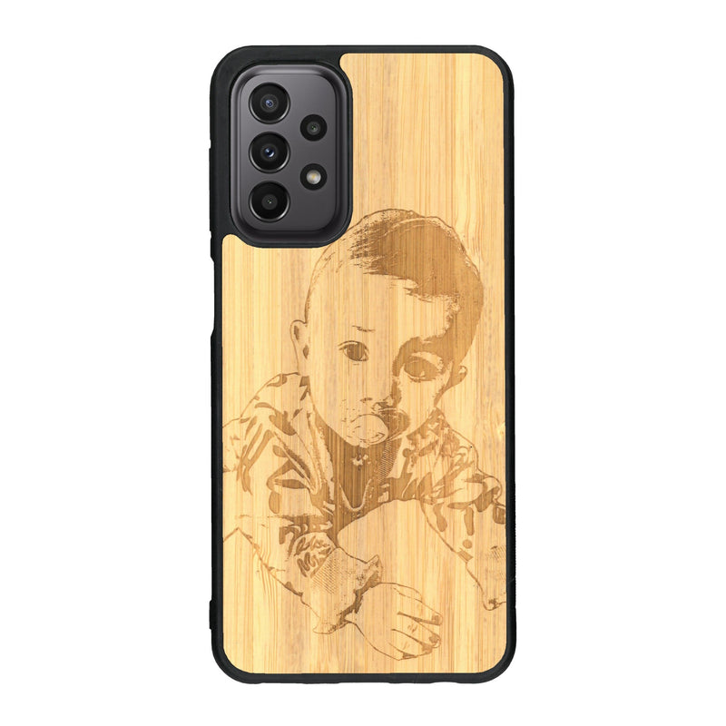 Coque de protection en bois véritable fabriquée en France pour Samsung A33 avec gravure personnalisée à partir d'une photo, d'une image, d'un logo, des initials ou d'une phrase