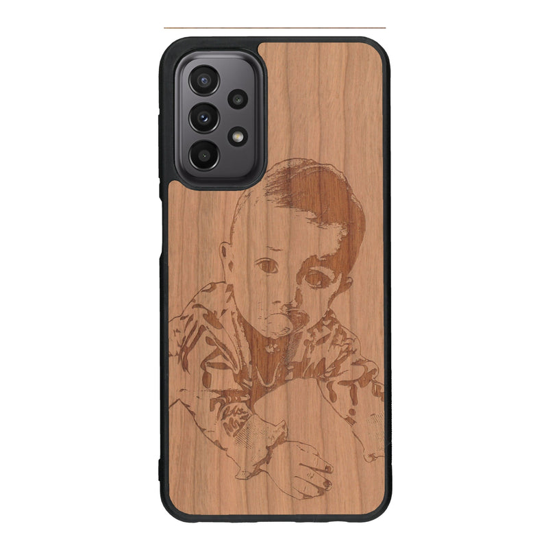 Coque de protection en bois véritable fabriquée en France pour Samsung A33 avec gravure personnalisée à partir d'une photo, d'une image, d'un logo, des initials ou d'une phrase