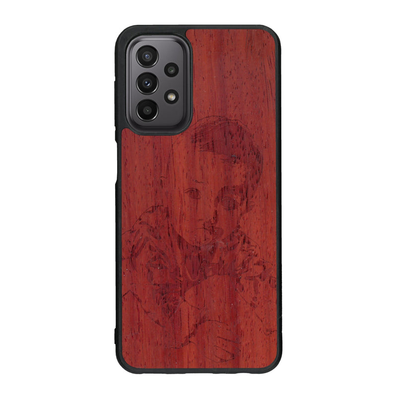Coque de protection en bois véritable fabriquée en France pour Samsung A33 avec gravure personnalisée à partir d'une photo, d'une image, d'un logo, des initials ou d'une phrase