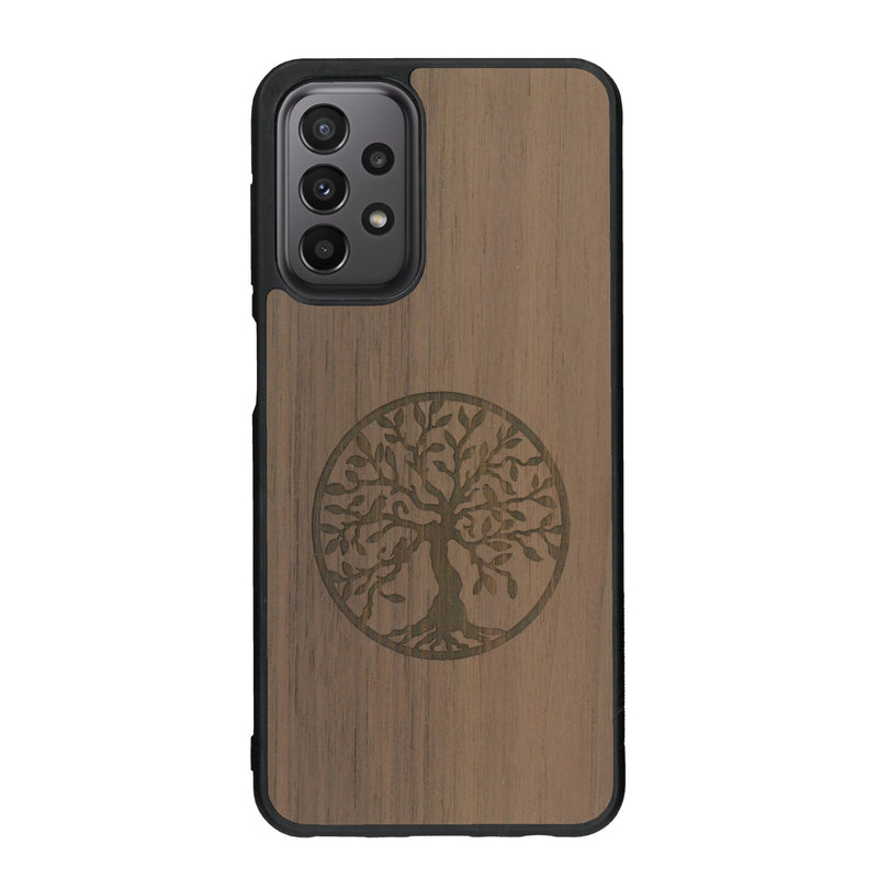 Coque de protection en bois véritable fabriquée en France pour Samsung A33 sur le thème de la spiritualité et du yoga avec une gravure zen représentant un arbre de vie