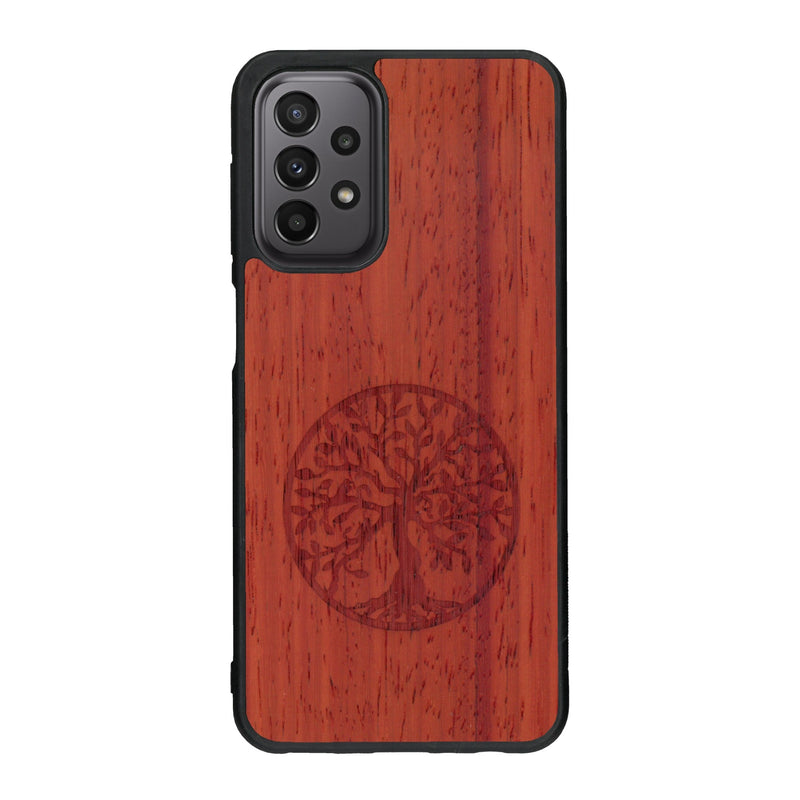 Coque de protection en bois véritable fabriquée en France pour Samsung A33 sur le thème de la spiritualité et du yoga avec une gravure zen représentant un arbre de vie