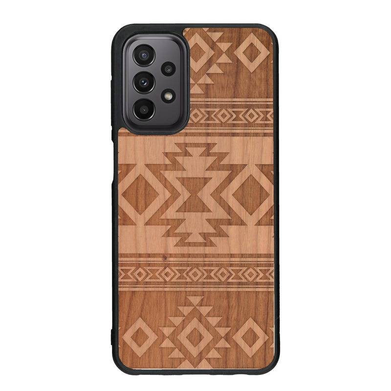 Coque de protection en bois véritable fabriquée en France pour Samsung A33 avec des motifs géométriques s'inspirant des temples aztèques, mayas et incas