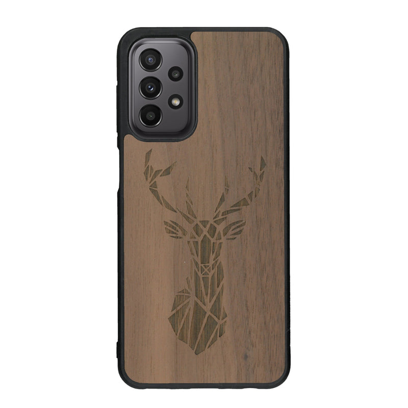 Coque de protection en bois véritable fabriquée en France pour Samsung A33 sur le thème de la nature et des animaux représentant une tête de cerf gométrique avec un design moderne et minimaliste