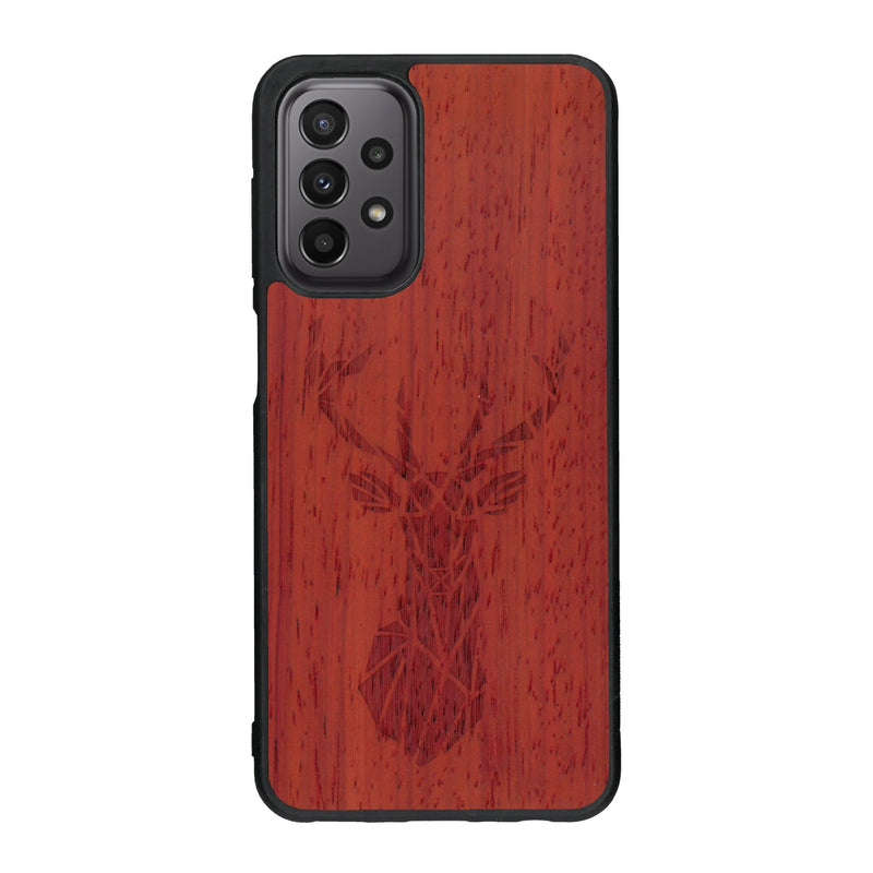 Coque de protection en bois véritable fabriquée en France pour Samsung A33 sur le thème de la nature et des animaux représentant une tête de cerf gométrique avec un design moderne et minimaliste
