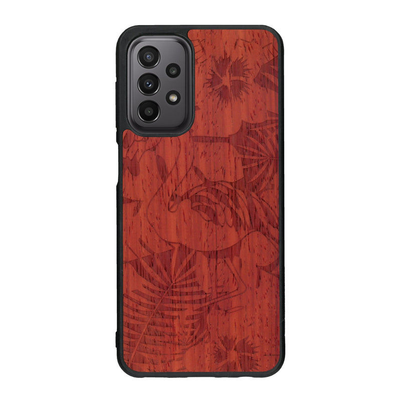 Coque de protection en bois véritable fabriquée en France pour Samsung A33 sur le thème de la nature et des animaux représentant un flamant rose entre des fougères