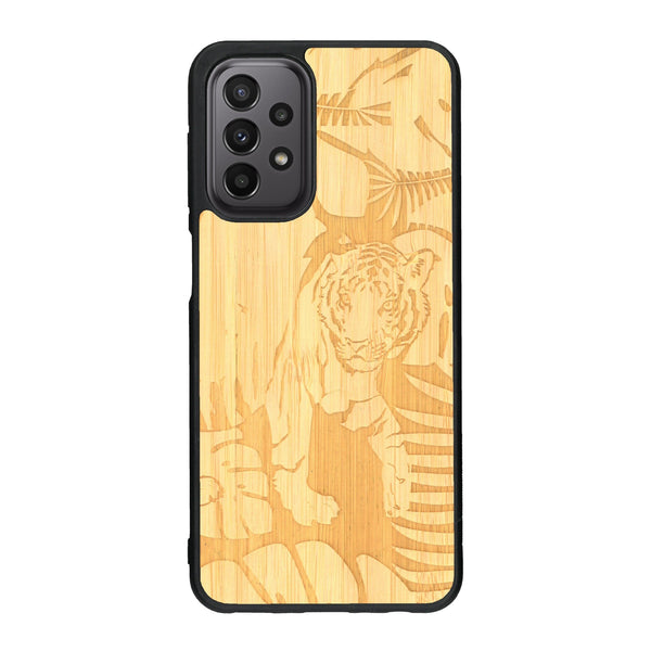 Coque de protection en bois véritable fabriquée en France pour Samsung A33 sur le thème de la nature et des animaux représentant un tigre dans la jungle entre des fougères