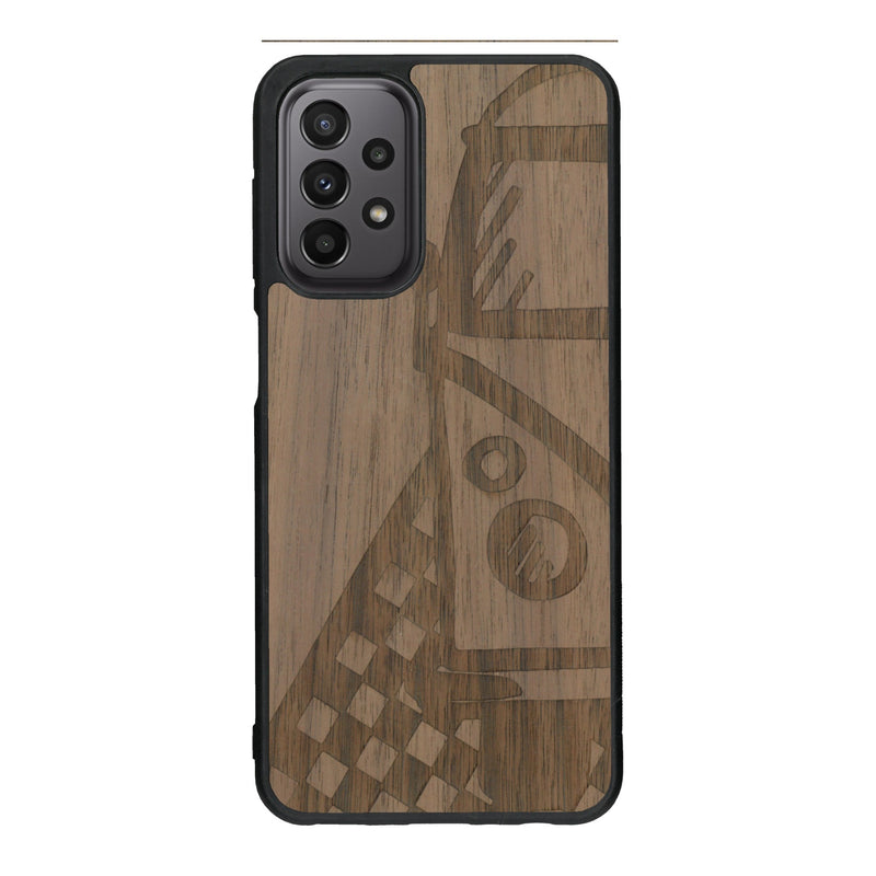Coque de protection en bois véritable fabriquée en France pour Samsung A33 sur le thème du voyage avec un van combi
