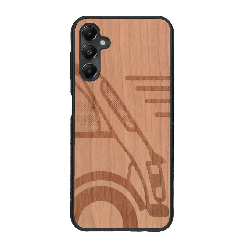 Coque de protection en bois véritable fabriquée en France pour Samsung A34 sur le thème de l'automobile avec une authentique Mini Cooper