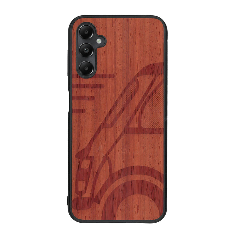 Coque de protection en bois véritable fabriquée en France pour Samsung A34 sur le thème de l'automobile avec une authentique Mini Cooper