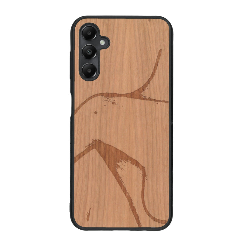 Coque de protection en bois véritable fabriquée en France pour Samsung A34 représentant une silhouette féminine dessinée à la main par l'artiste Maud Dabs