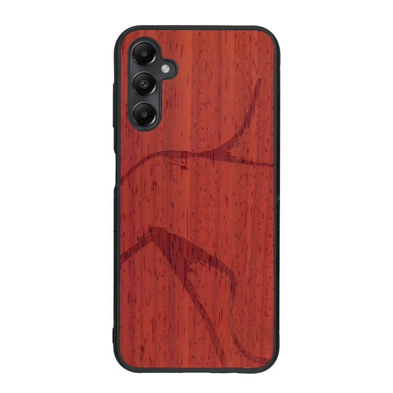 Coque de protection en bois véritable fabriquée en France pour Samsung A34 représentant une silhouette féminine dessinée à la main par l'artiste Maud Dabs