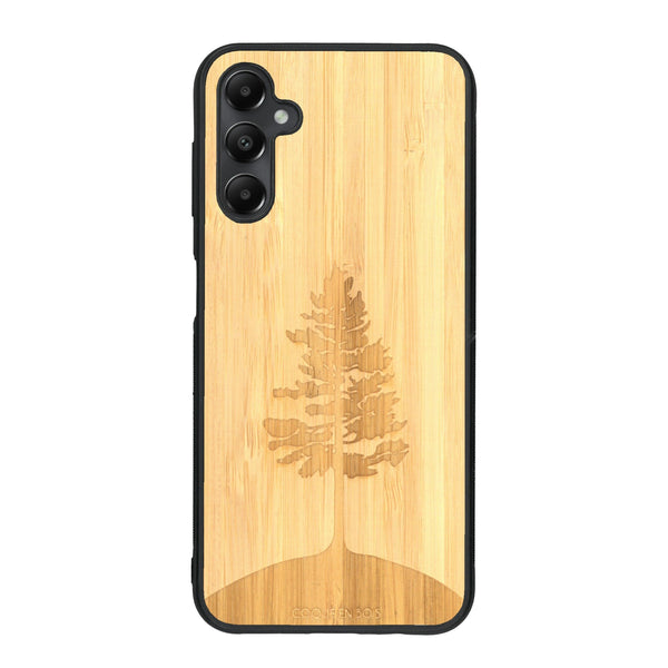 Coque de protection en bois véritable fabriquée en France pour Samsung A34 sur le thème de la nature, de la fôret et de l'écoresponsabilité avec une gravure représentant un arbre 