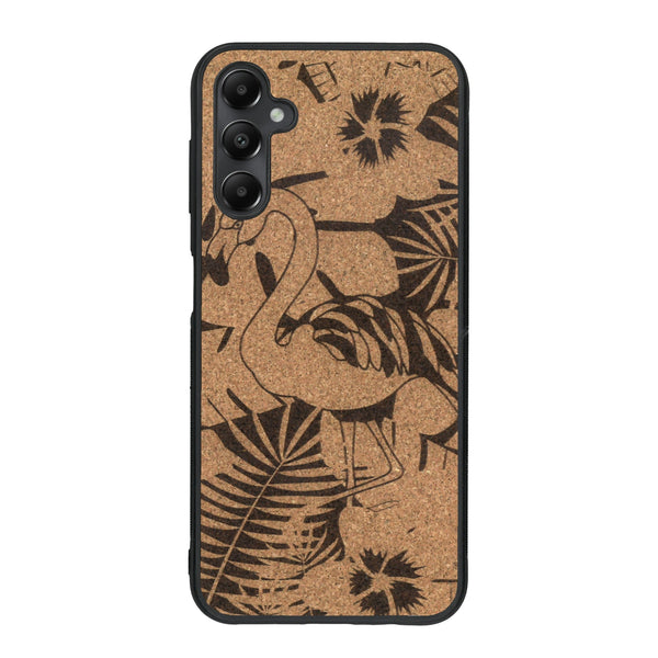 Coque de protection en bois véritable fabriquée en France pour Samsung A34 sur le thème de la nature et des animaux représentant un flamant rose entre des fougères