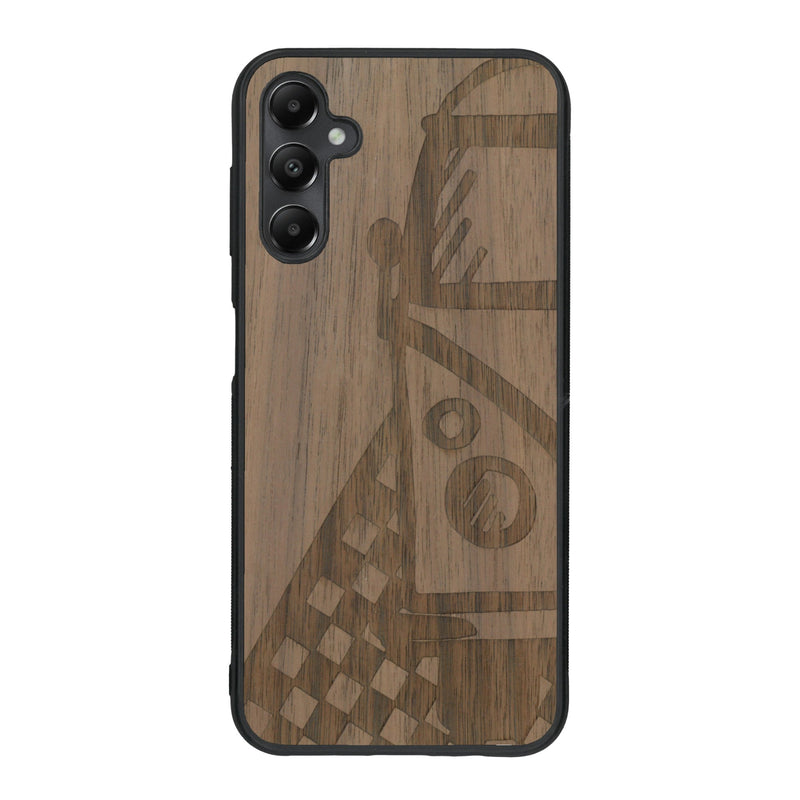 Coque de protection en bois véritable fabriquée en France pour Samsung A34 sur le thème du voyage avec un van combi