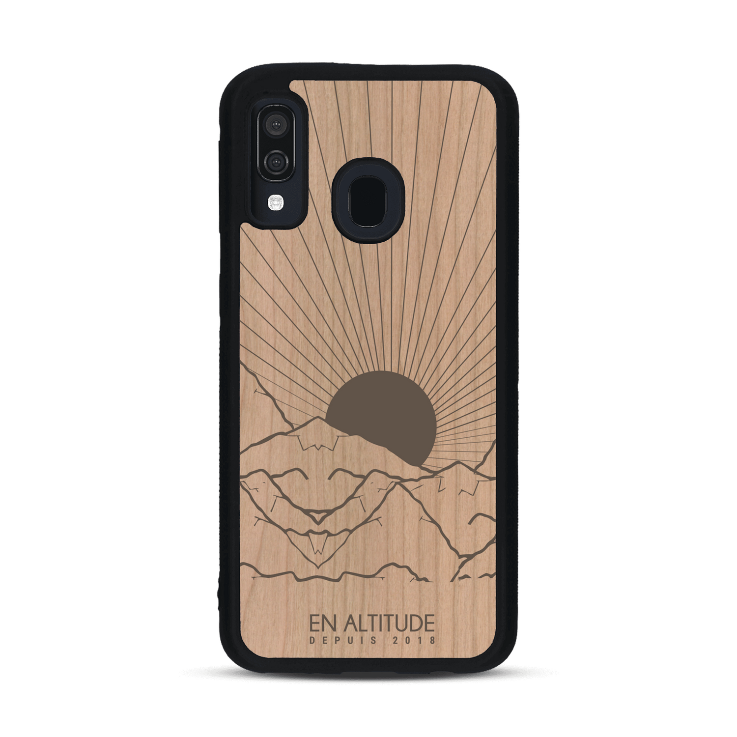 Coque de protection en bois véritable fabriquée en France pour  représentant des montagnes, sur le thème de la randonnée en pleine nature et du trail