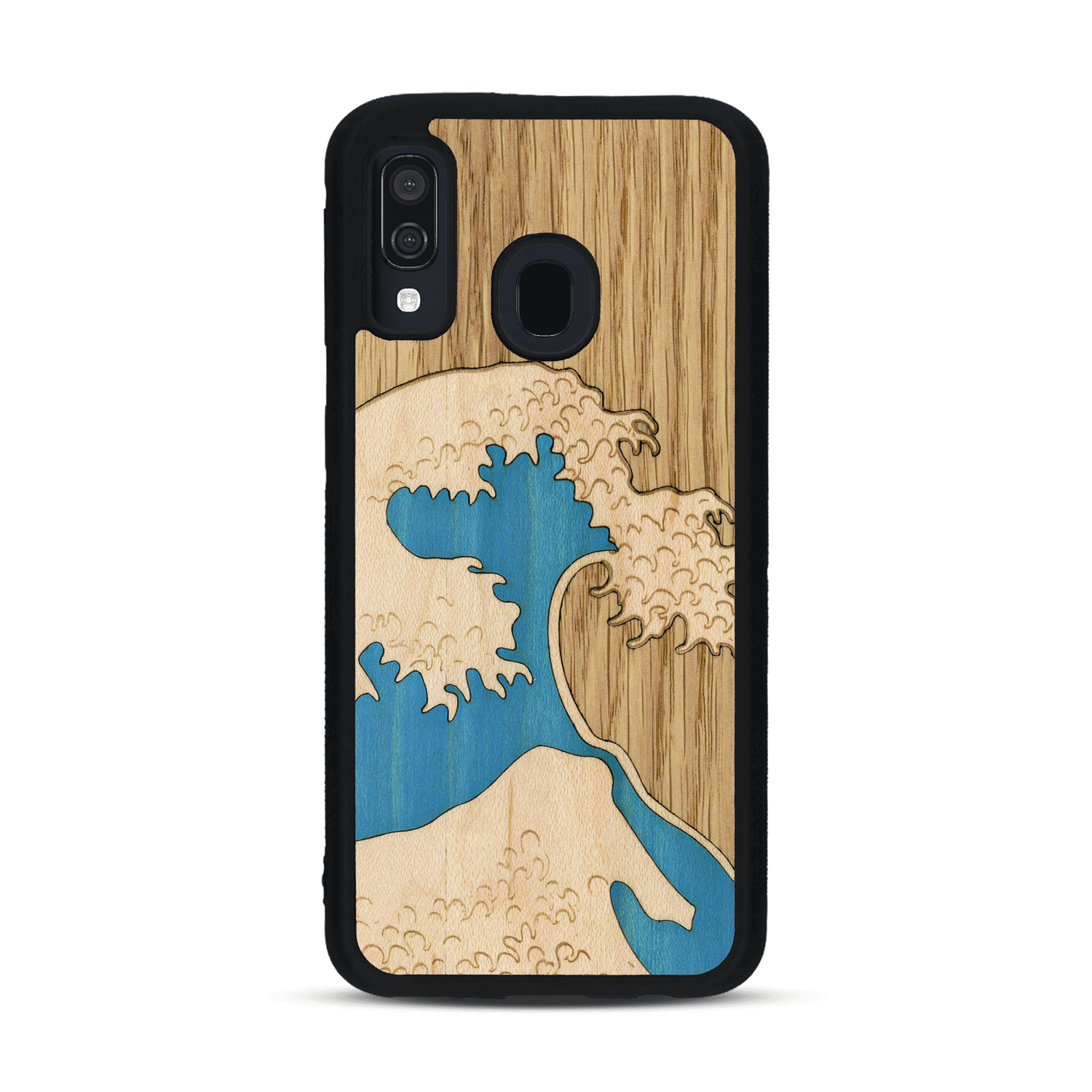 Coque de protection en bois véritable fabriquée en France pour  alliant plusieurs essences de bois pour représenter la célèbre grande vague de Kanagawa