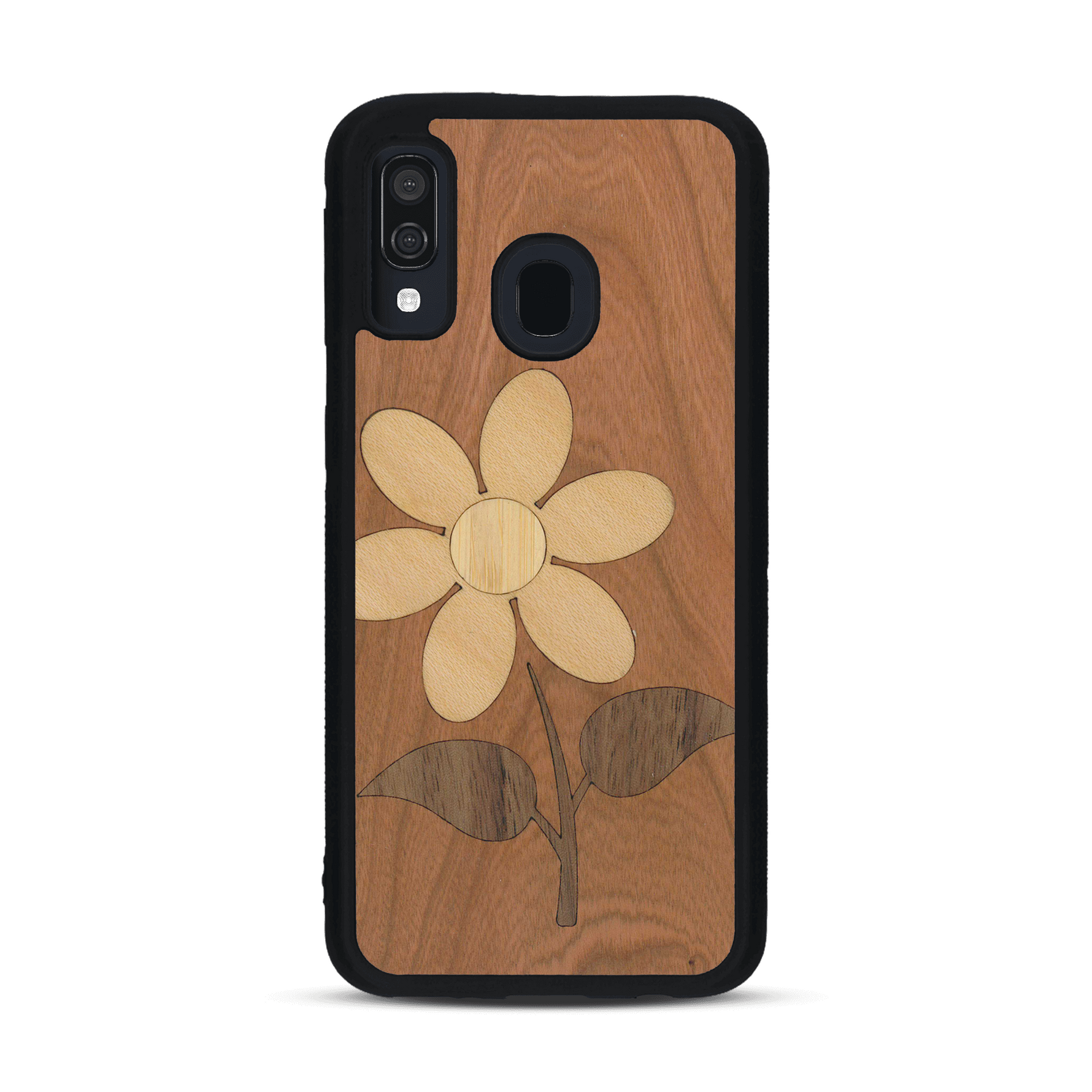 Coque de protection en bois véritable fabriquée en France pour  alliant plusieurs essences de bois pour représenter une marguerite
