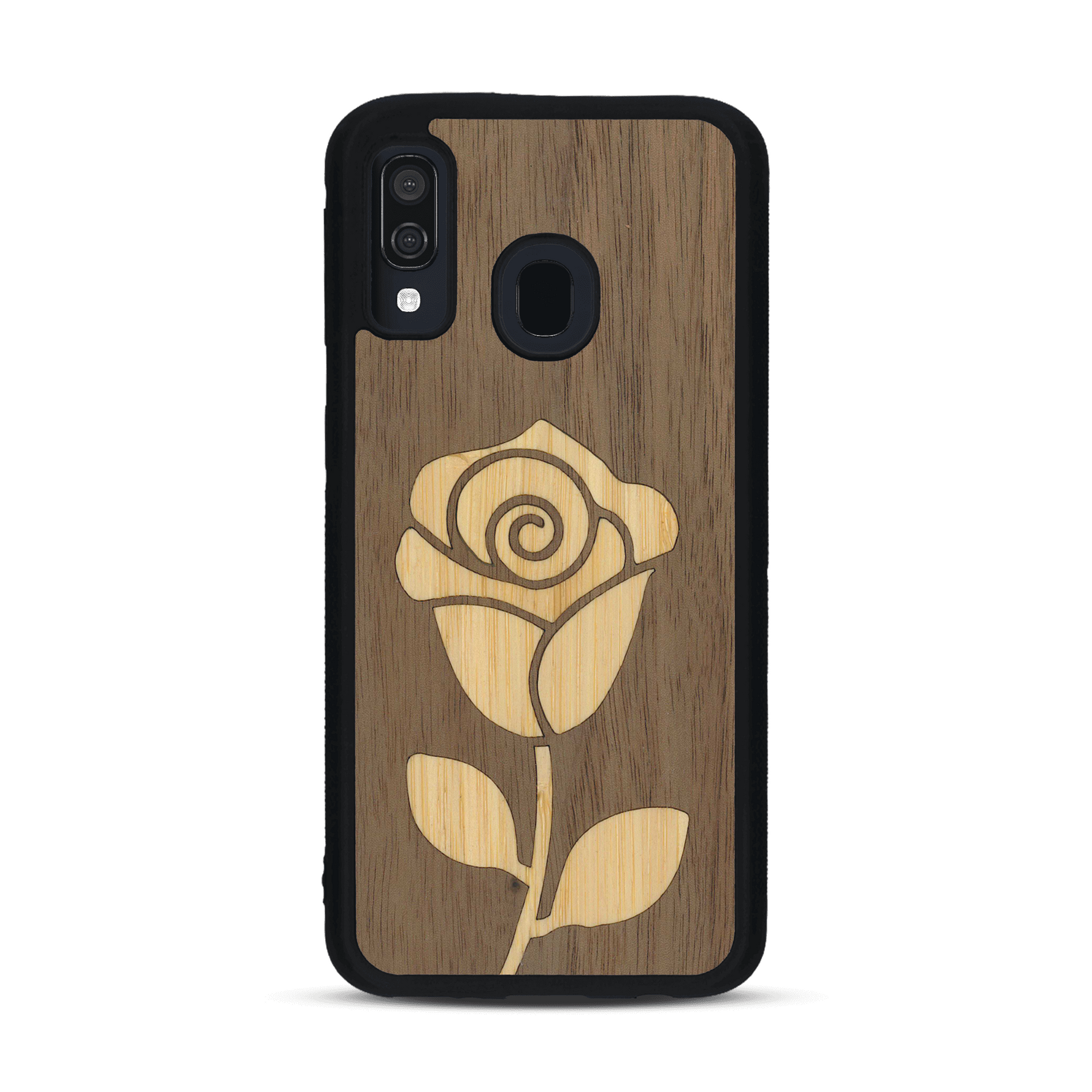 Coque de protection en bois véritable fabriquée en France pour  alliant plusieurs essences de bois pour représenter une rose