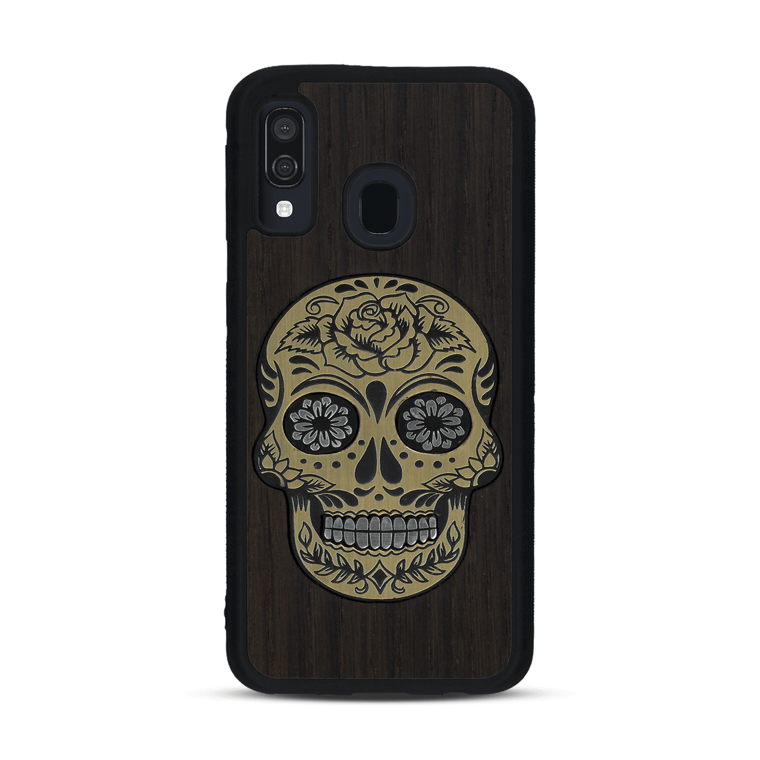 Coque de protection en bois véritable fabriquée en France pour  alliant du chêne fumé avec du métal argenté et doré représentant une tête de mort mexicaine sur le thème Dia de los Muertos