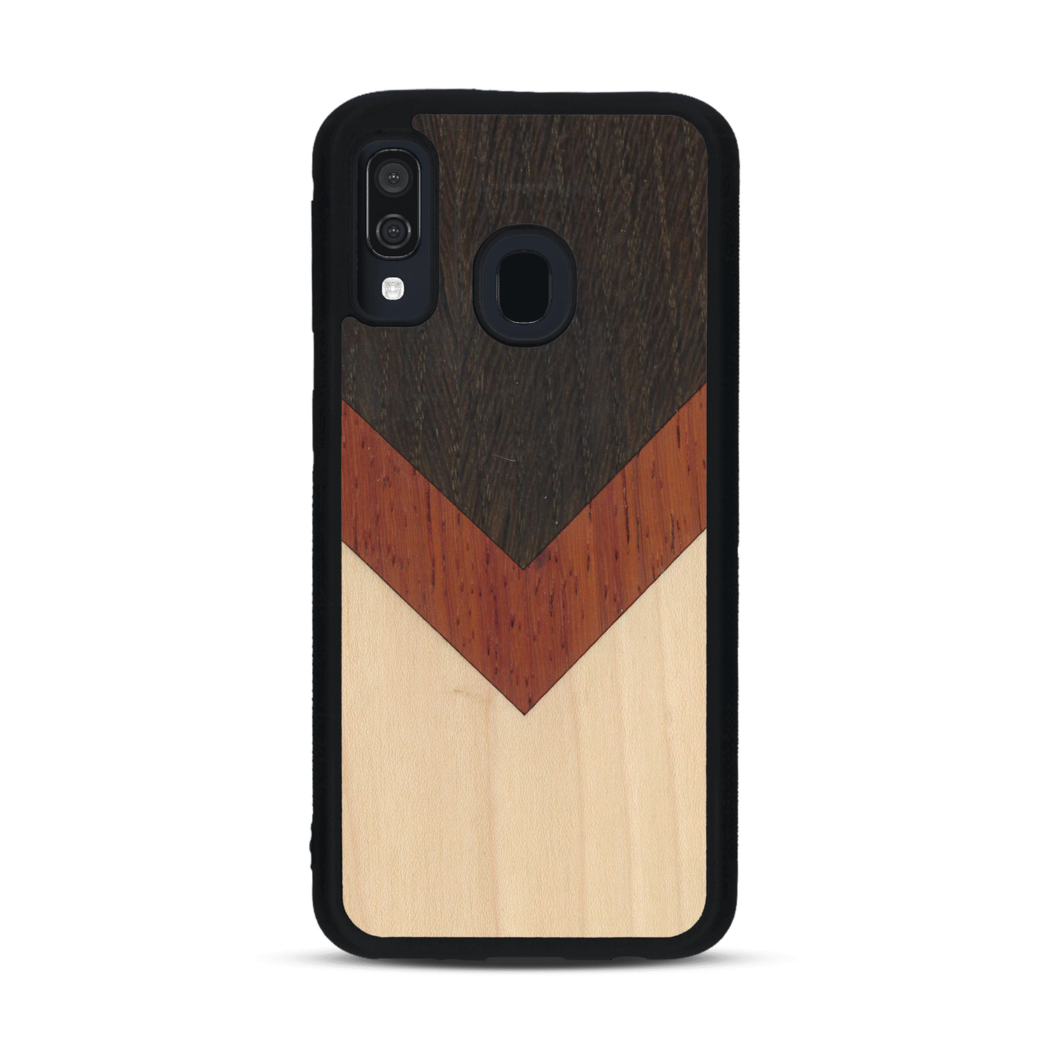 Coque de protection en bois véritable fabriquée en France pour  alliant du chêne fumé, du padouk et du bambou en forme de chevron sur le thème de l'art abstrait