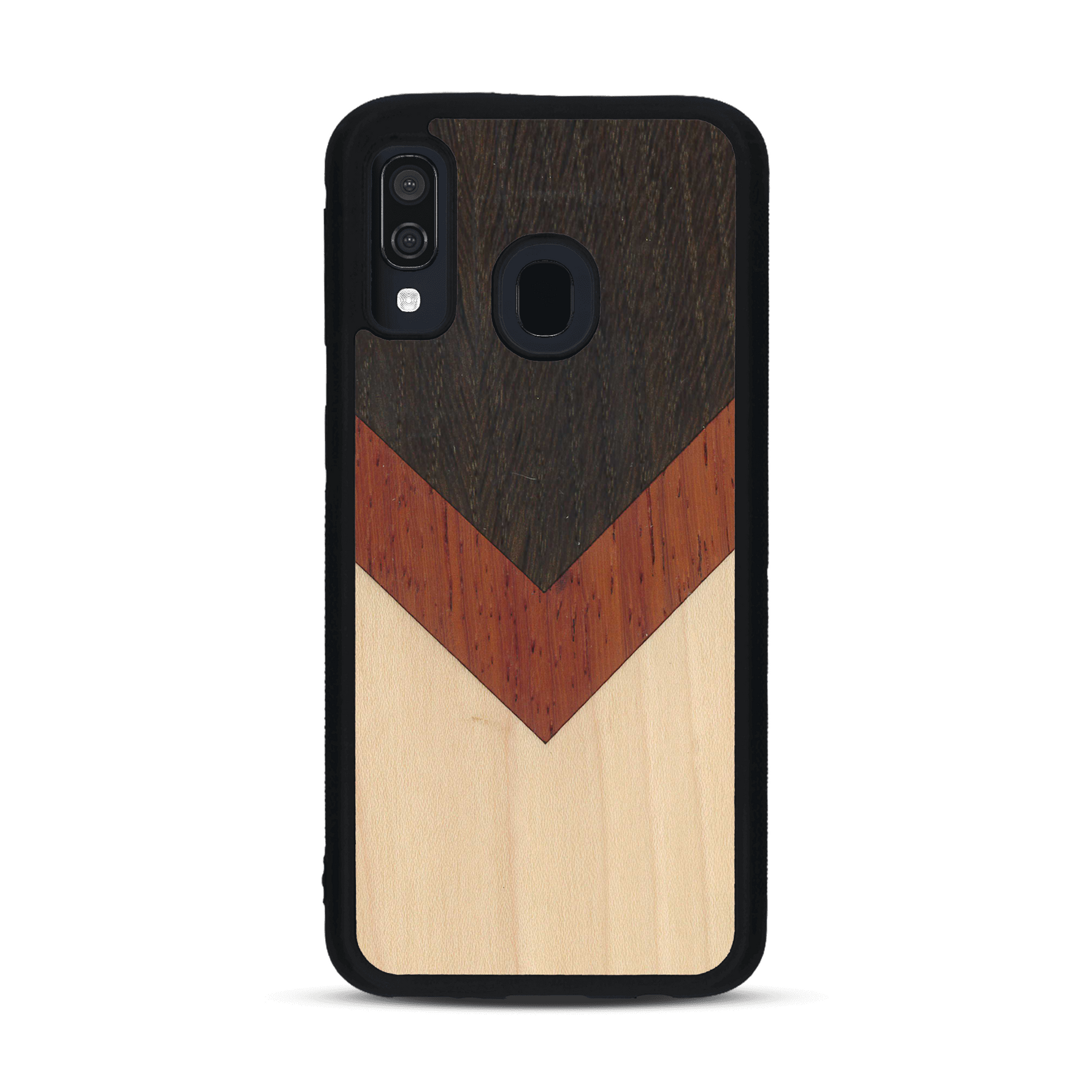 Coque de protection en bois véritable fabriquée en France pour  alliant du chêne fumé, du padouk et du bambou en forme de chevron sur le thème de l'art abstrait