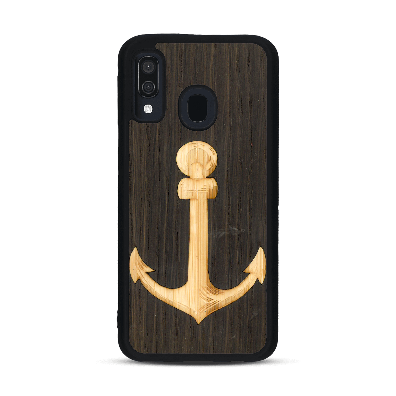 Coque de protection en bois véritable fabriquée en France pour  sur le thème nautique avec un bois clair et un bois foncé représentant une ancre de bateau