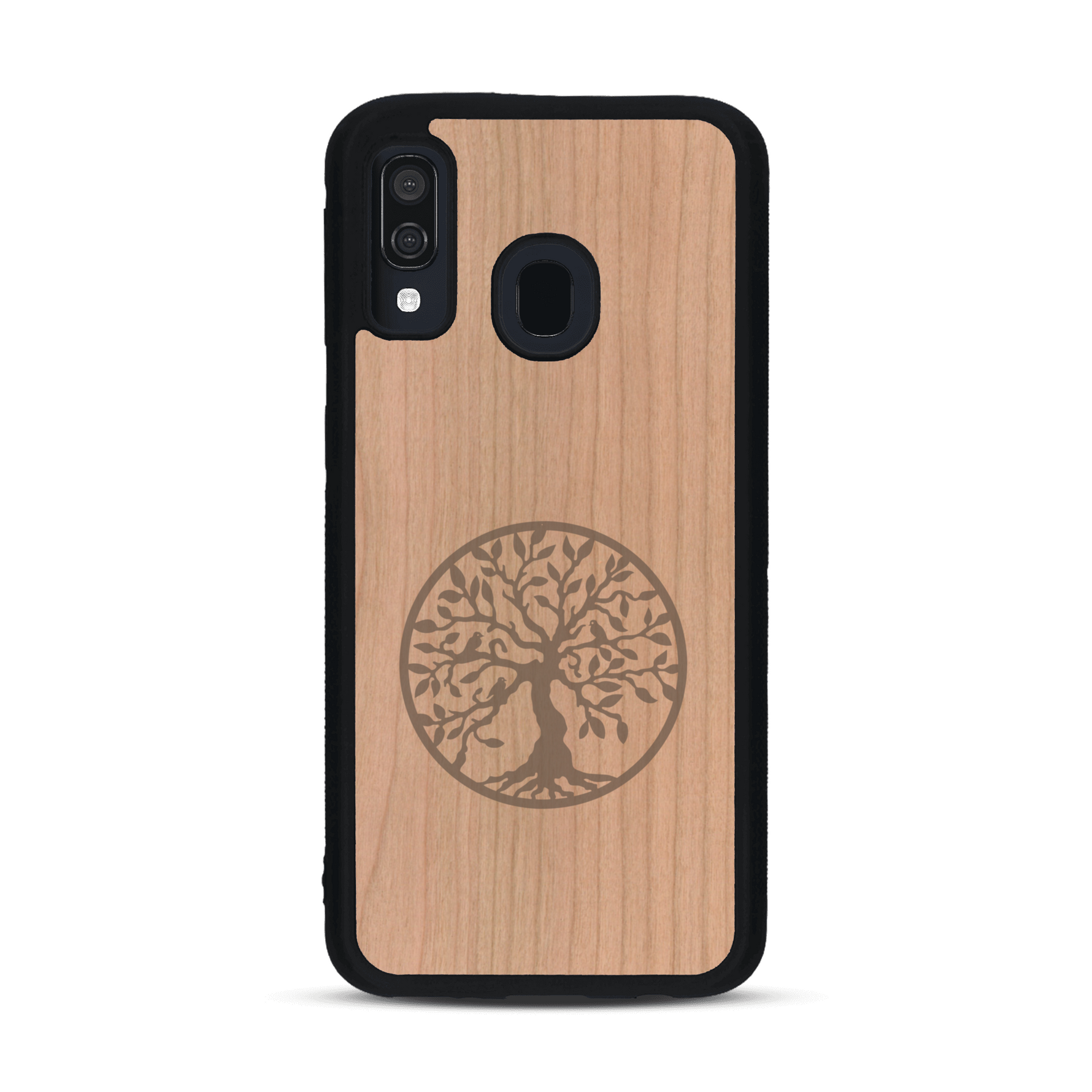 Coque de protection en bois véritable fabriquée en France pour  sur le thème de la spiritualité et du yoga avec une gravure zen représentant un arbre de vie