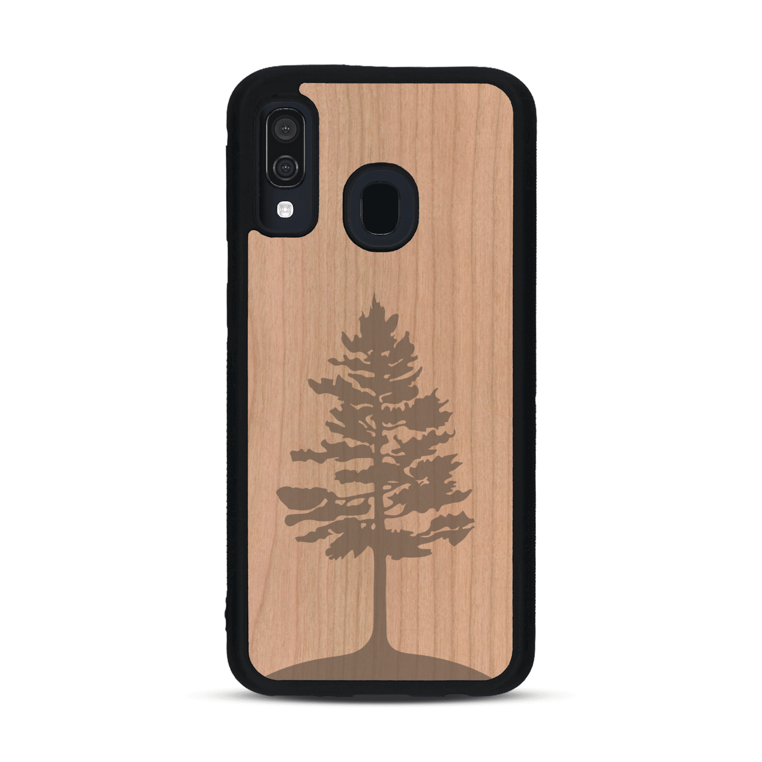 Coque de protection en bois véritable fabriquée en France pour  sur le thème de la nature, de la fôret et de l'écoresponsabilité avec une gravure représentant un arbre 