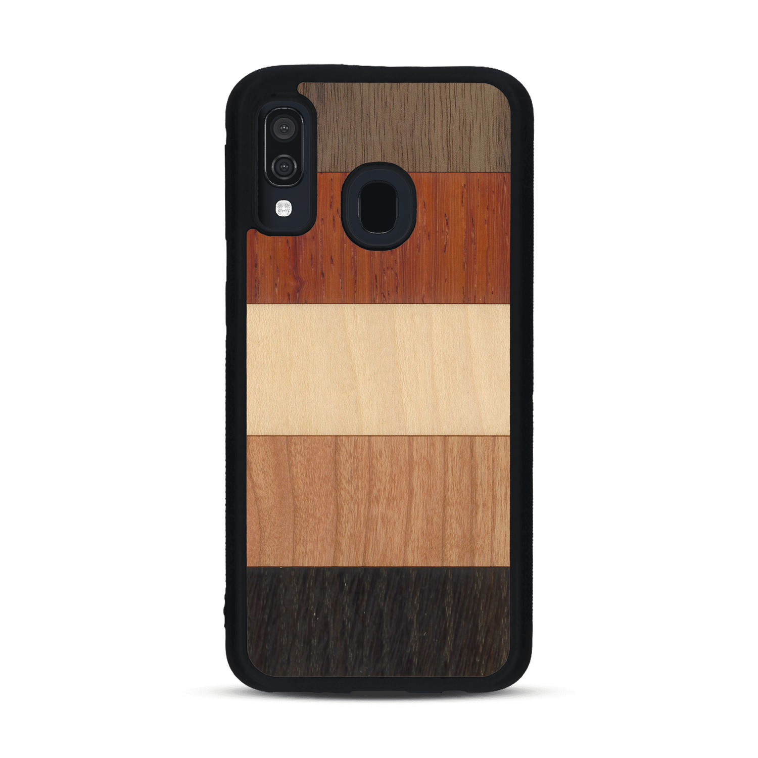 Coque de protection en bois véritable fabriquée en France pour  alliant des bandes horizontales de bambou, merisier, padouk, noyer et chêne fumé